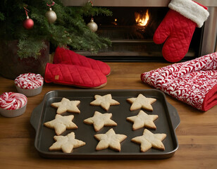 christmas cookies on the table, Seasonal baking setup showing a metal cookie sheet with tree shaped cookies, star cookies, a candy cane and a red quilted oven mitt, evoking Christmas treats