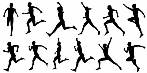Silhouettes of people in dynamic running and jumping poses isolated on white