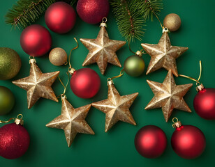Christmas background with decorations, Christmas decorations concept. Top view photo of reindeer star ornaments, gold, green, and red baubles on an isolated green background