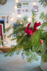 Spruce branches decorated with New Year and Christmas decorations