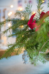 Spruce branches decorated with New Year and Christmas decorations