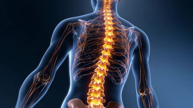 Medical illustration of human spine and skeletal system highlighting vertebrae and nervous structure representing anatomy healthcare spinal health diagnosis pain research and medical education concept