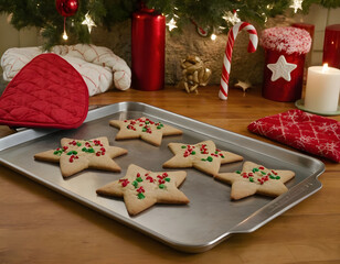 christmas cookies on the table, Seasonal baking setup showing a metal cookie sheet with tree shaped cookies, star cookies, a candy cane and a red quilted oven mitt, evoking Christmas treats