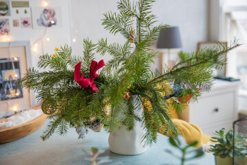 Spruce branches decorated with New Year and Christmas decorations