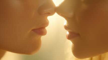 Obraz premium Close encounter between two people in bright light during sunset