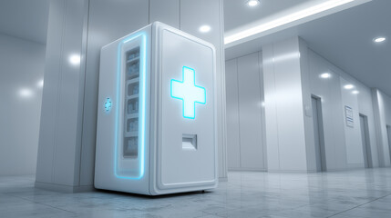 A medicine vending machine placed in a hospital corridor, sterile white design with glowing blue cross symbol, futuristic healthcare vibe