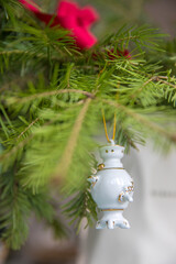 Spruce branches decorated with New Year and Christmas decorations