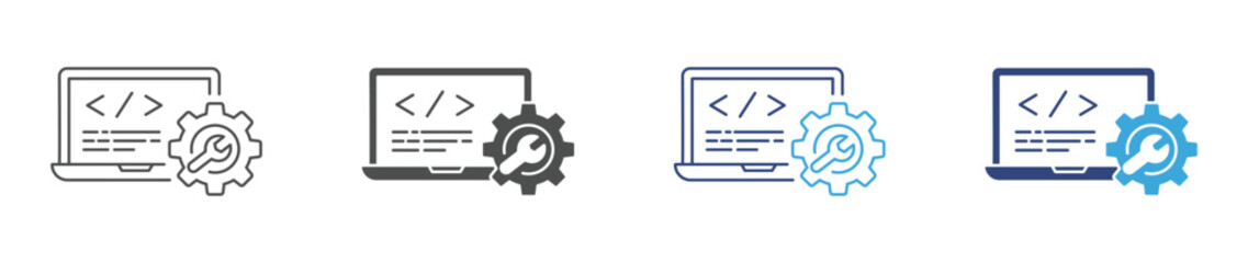 Obraz premium Software Development Icon Set, Programming and System Configuration Icon, Coding, Optimization and IT Solution Concept, Vector Illustration