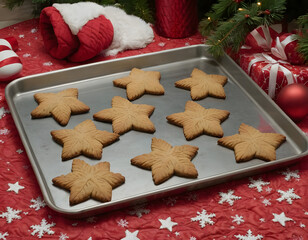christmas cookies on the table, Seasonal baking setup showing a metal cookie sheet with tree shaped cookies, star cookies, a candy cane and a red quilted oven mitt, evoking Christmas treats