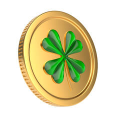 Golden coin with clover on white background. Isolated 3D illustration