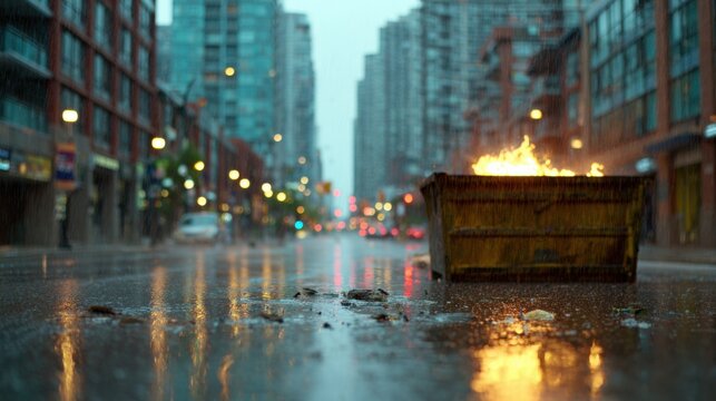 Fire burning in a dumpster on a rainy city street at night