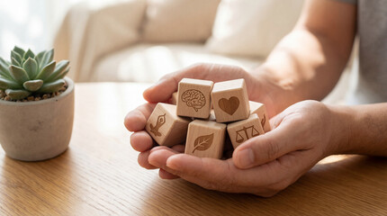 Hands holding wooden cubes with brain heart yoga leaf and scale icons. Mental health balance, physical wellness lifestyle and holistic self care concept in cozy home room background