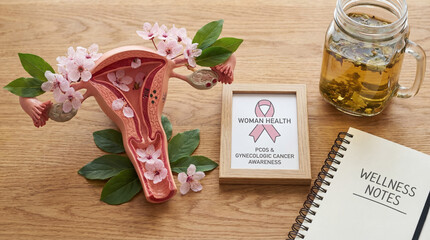Uterus cross section model with pink flowers and Woman Health frame. Herbal tea and Wellness Notes notebook on wood. PCOS gynecologic cancer awareness and reproductive system care medical concept