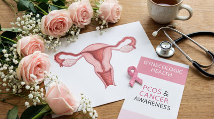Uterus anatomy illustration with pink roses and Gynecologic Health brochure. PCOS and cancer awareness text with ribbon. Medical woman checkup and reproductive system care concept on wood