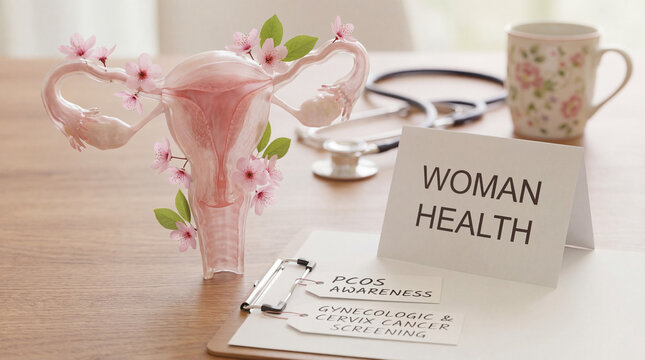 Uterus anatomy model with pink flowers and Woman Health text card on doctor desk. PCOS awareness, gynecologic and cervix cancer screening tags. Female reproductive system checkup medical concept