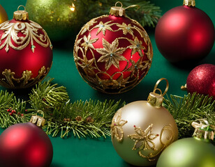 A collection of elegant Christmas decorations with red, green, and gold ornaments lying on a green background