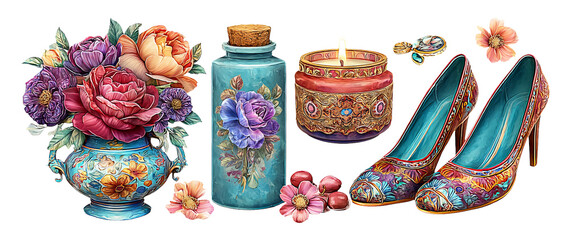Fototapeta premium Elegant 3D Illustration of Colorful Floral Arrangement with Decorative Items