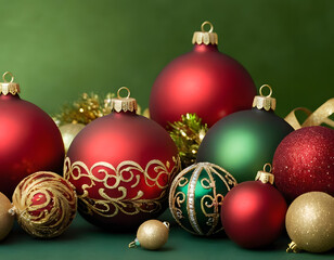christmas tree decorations isolated, A collection of elegant Christmas decorations with red, green, and gold ornaments lying on a green background, creating a festive and joyful atmosphere