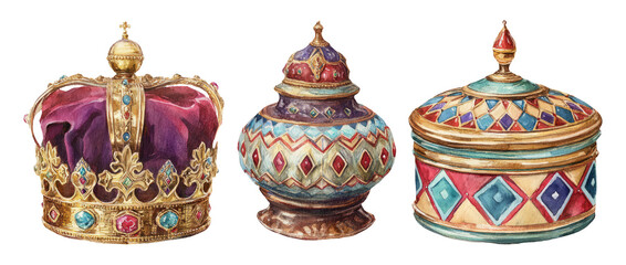 Fototapeta premium Elegant Crown and Decorative Boxes with Rich Colors and Intricate Designs