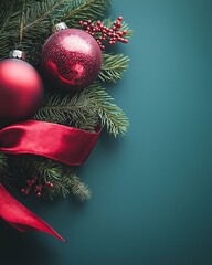 Dark green background with red Christmas decorations like an ornament and ribbon on the left side, deep blue green wall for festive holiday cards.