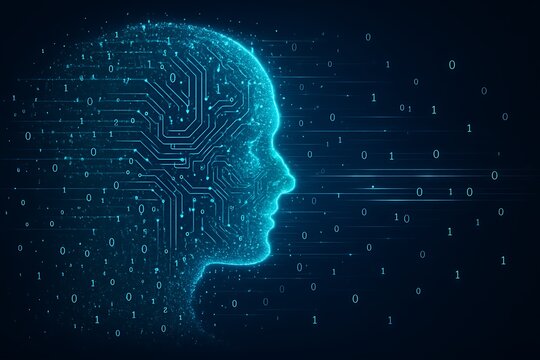 Blue digital human head silhouette with binary code and electronic connections - Powered by Adobe