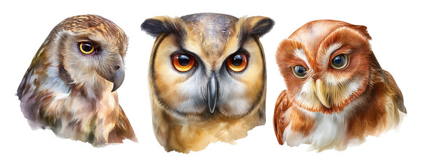 Fototapeta premium Expressive Watercolor Illustrations of Three Unique Owl Species in Detail