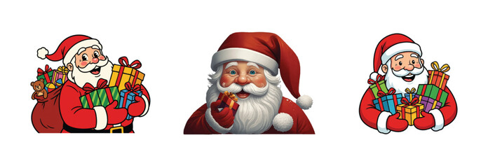 Cute Santa Claus Characters Carrying Gift Boxes, Festive Christmas Cartoon Vector Illustration Set for Winter Holiday, New Year and Seasonal Projects