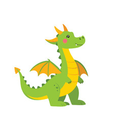 Smiling green cartoon dragon creature standing.