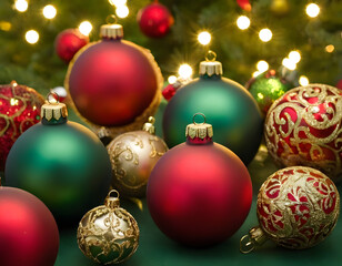 christmas tree decorations isolated, A collection of elegant Christmas decorations with red, green, and gold ornaments lying on a green background, creating a festive and joyful atmosphere
