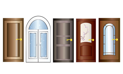 Set of multicolored doors with gold doorknobs on a white background