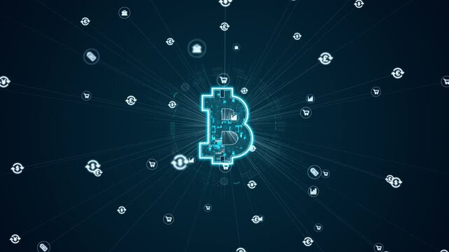 Motion graphic of glowing bitcoin symbol in a digital financial network with cryptocurrency icons and data connections on a futuristic blue technology background.