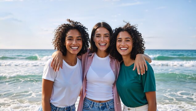 A group of three happy young women friends smiling on the beach. Diverse friends enjoying a summer vacation by the ocean