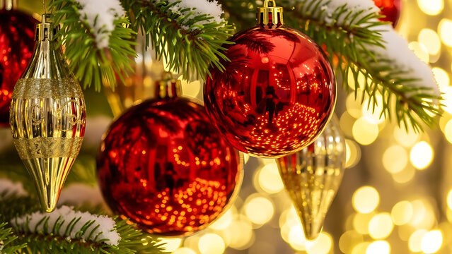 A close-up of a snow-dusted Christmas tree branch adorned with shiny red and golden ornaments, set against a blurred background of warm festive lights. - Powered by Adobe