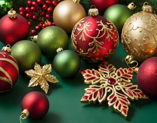 christmas tree decorations isolated, A collection of elegant Christmas decorations with red, green, and gold ornaments lying on a green background, creating a festive and joyful atmosphere