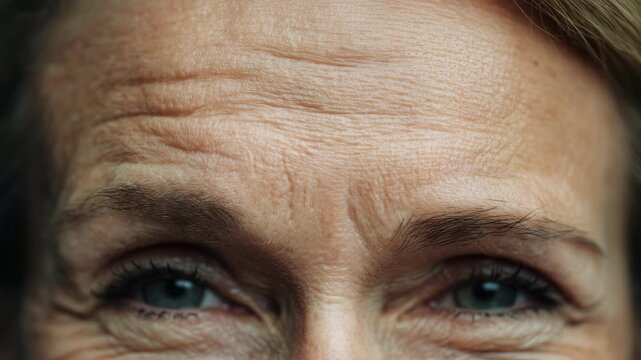 Extreme close up of forehead wrinkles showing fine lines skin texture and natural aging representing maturity realism dermatology skincare and human beauty
