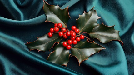 Close up of an elegant holly leaf and red berries on dark green silk, symbolizing the festive holiday season with intricate details.