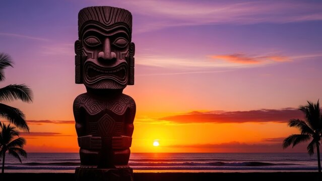 A wooden statue of a Tiki god against a vibrant sunset sky with palm trees and the ocean in the background. - Powered by Adobe