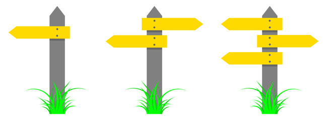 set of hiking signposts with one, two, and three yellow directional arrows. sign pointers in the grass. navigation and direction concept.
