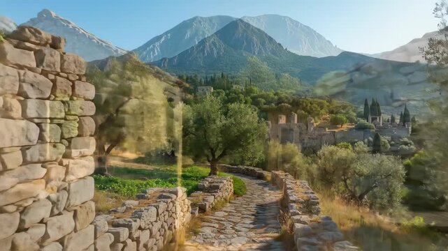 Sunlit stone wall and winding path through a hillside village with distant mountains.