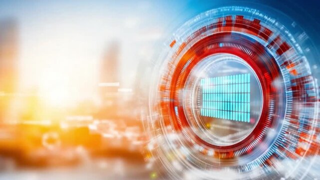 Digital Blueprint: A captivating digital depiction of a data center, embedded within a futuristic circular interface, against a bright, sun-kissed backdrop.