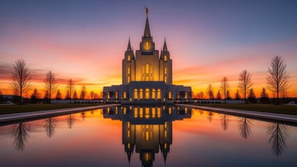 Naklejka premium The Mormon Temple at Provo, Utah, USA, at sunset with a reflection in the water.