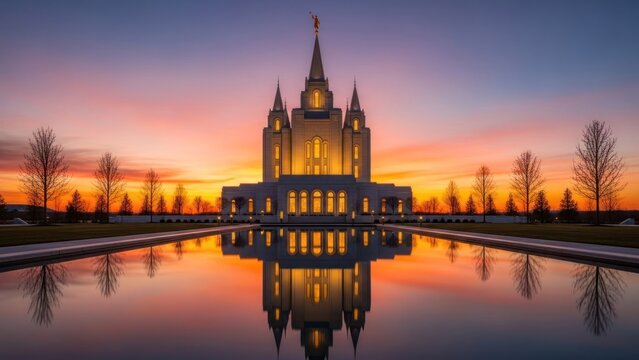 The Mormon Temple at Provo, Utah, USA, at sunset with a reflection in the water.