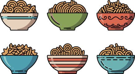 Flat Vector Illustration of Assorted Italian Pasta Types Served in Decorative Ceramic Bowls