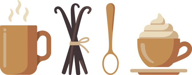 Flat Vector Illustration of Coffee Cup Bundle of Vanilla Beans Wooden Spoon and Cappuccino with Cream
