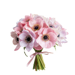 Beautiful Pink and Black Anemone Flower Bouquet With Soft Ribbon on a White Background