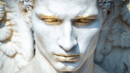 Close view of angel sculpture with golden accents and detailed features