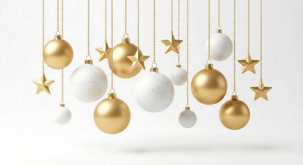 Gold and White Christmas Ornaments and Stars Hanging stock wintt