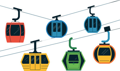 Flat Vector Illustration of Colorful Cable Cars and Gondola Lifts Hanging on Steel Cables