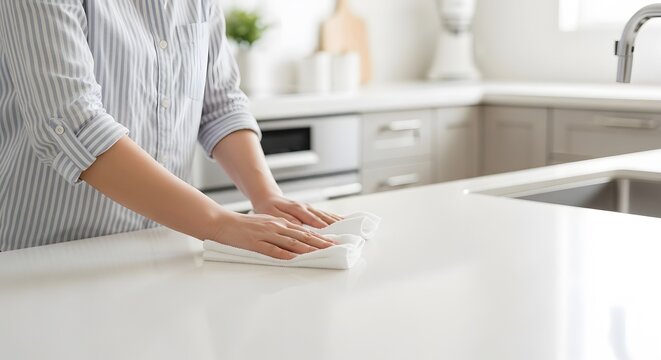 Woman cleaning kitchen island surface