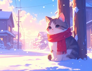 雪がゆっくり舞う冬の町。小さな猫が赤いマフラーを巻き、電柱の下でちょこんと座っている